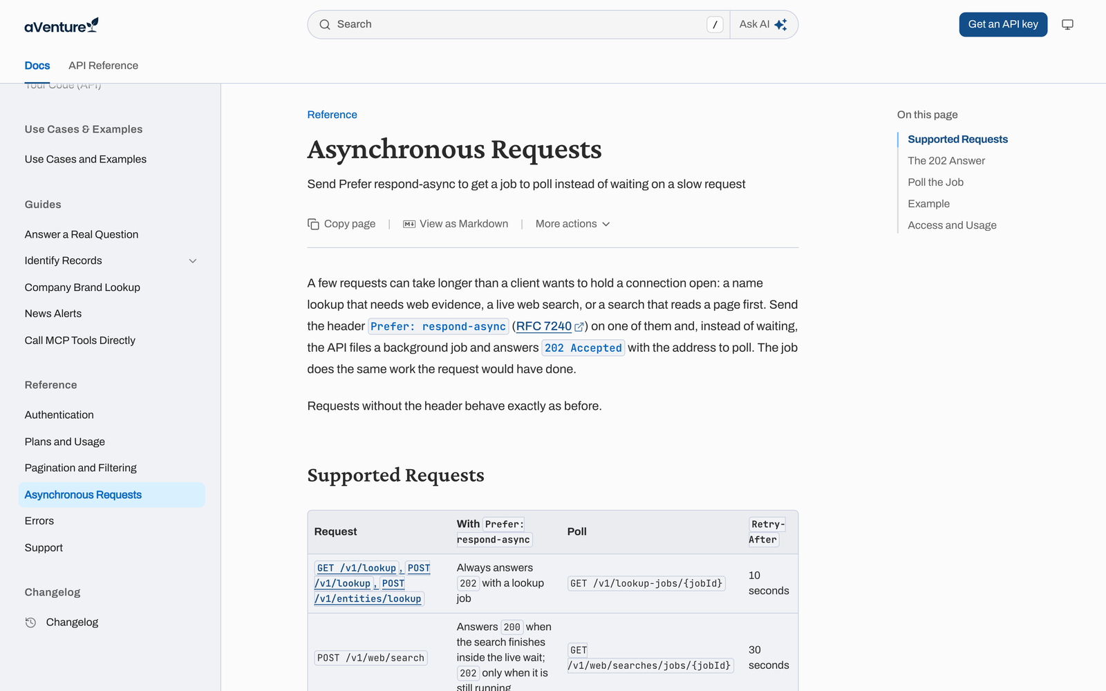 The Asynchronous Requests reference in the aVenture docs, listing the lookup, web search, and link search requests that accept Prefer: respond-async and how often to poll each