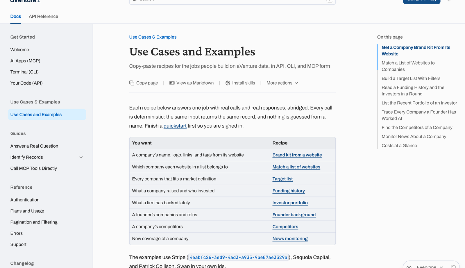The aVenture docs Use Cases and Examples page, listing eight recipes from brand kits and list matching to investor portfolios and news monitoring