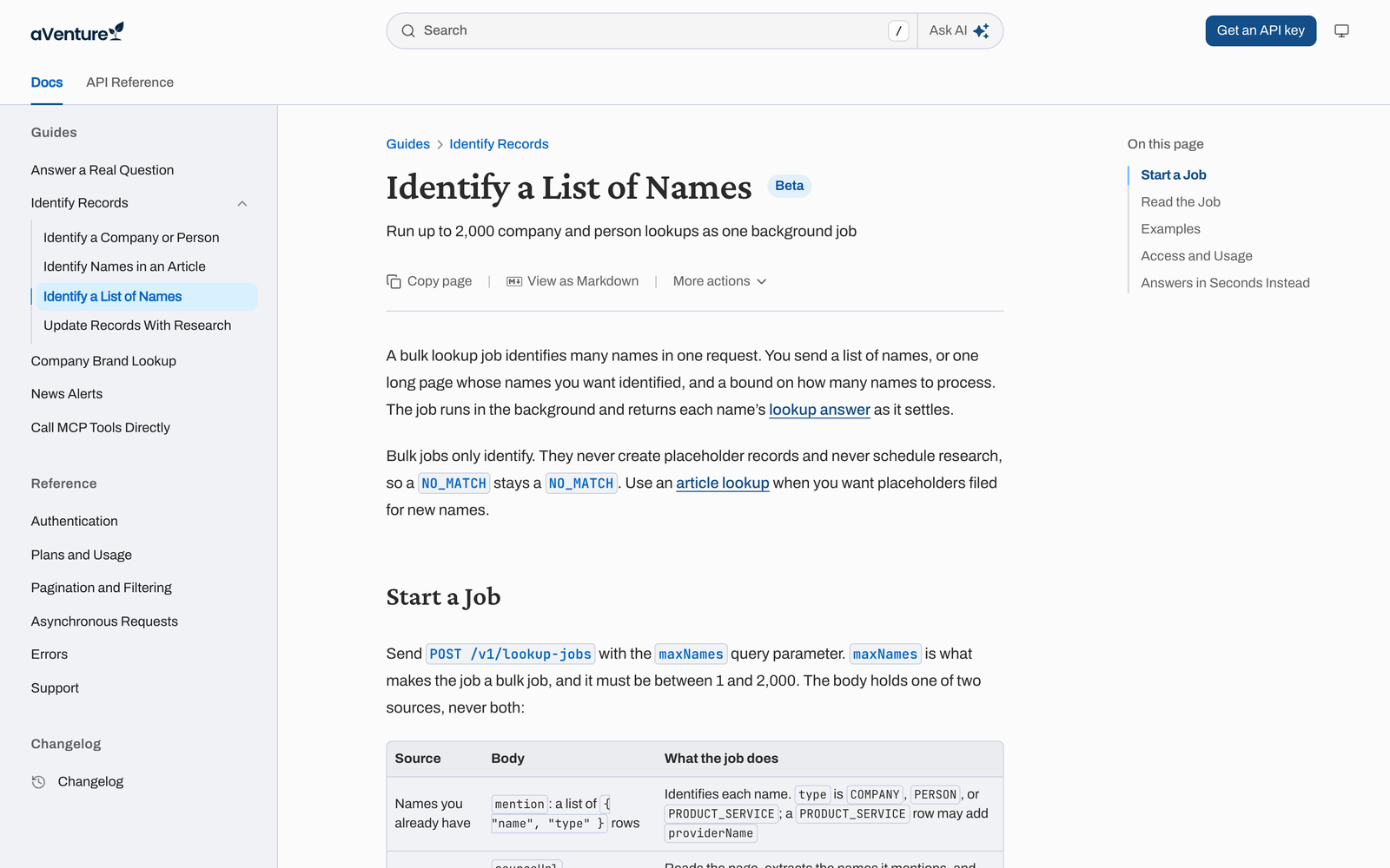 The Identify a List of Names guide in the aVenture docs: run up to 2,000 company and person lookups as one background job