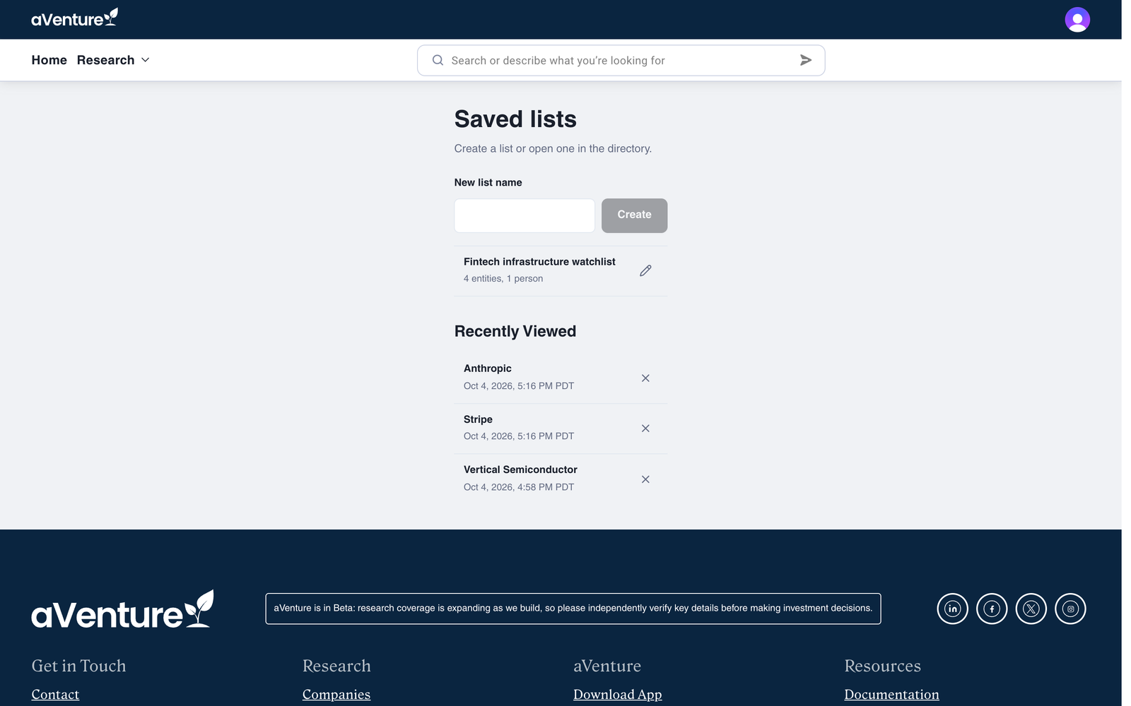 The Saved lists page with a new list field, the Fintech infrastructure watchlist holding 4 entities and 1 person, and a Recently Viewed section listing Anthropic, Stripe, and Vertical Semiconductor