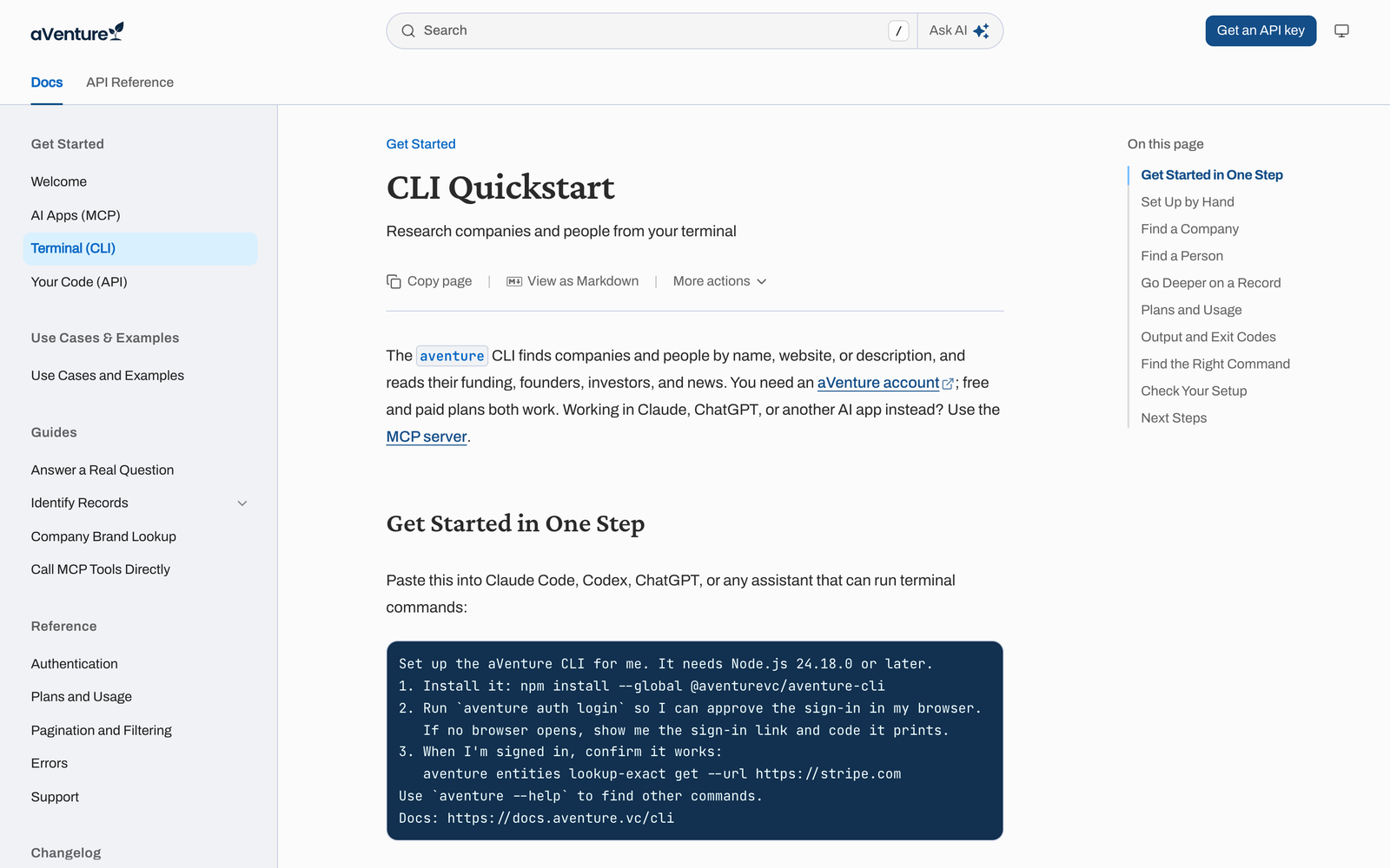 The CLI Quickstart in the aVenture docs, with a one-step setup prompt for Claude Code, Codex, or ChatGPT