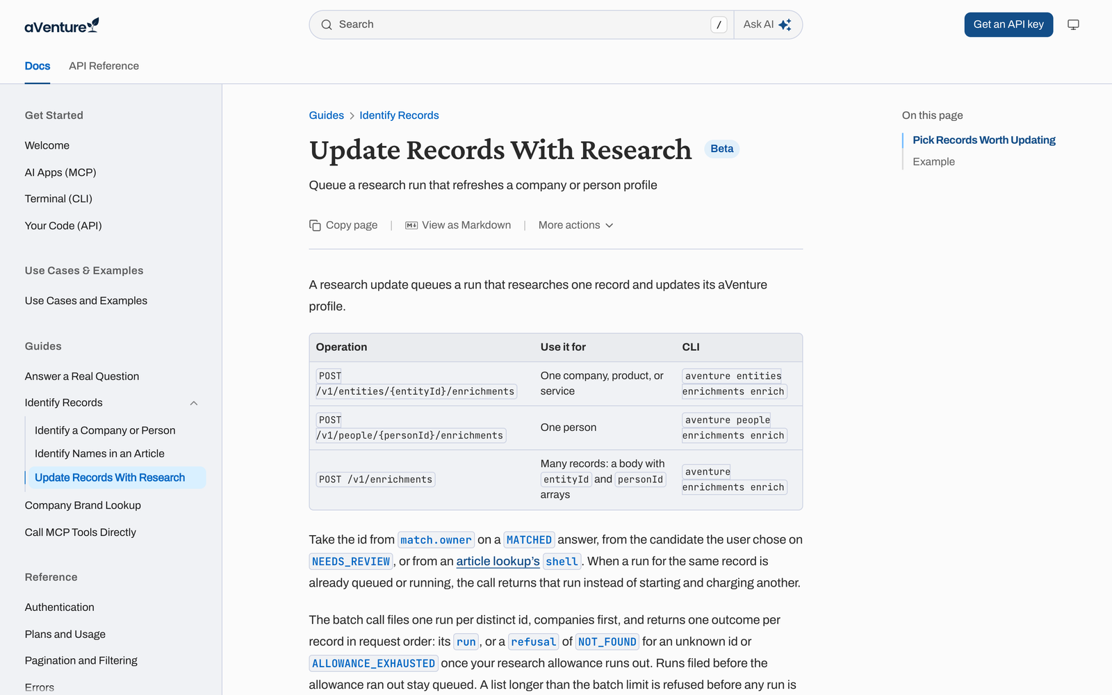 The Update Records With Research guide in the aVenture docs, listing the three research operations and their CLI commands