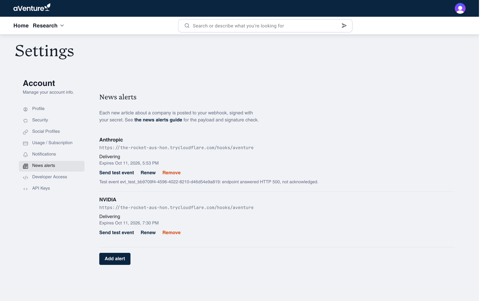The News alerts page in aVenture Settings, listing alerts for Anthropic and NVIDIA with their webhook URL, delivery status, and expiry, a test-event result, and Send test event, Renew, Remove, and Add alert controls