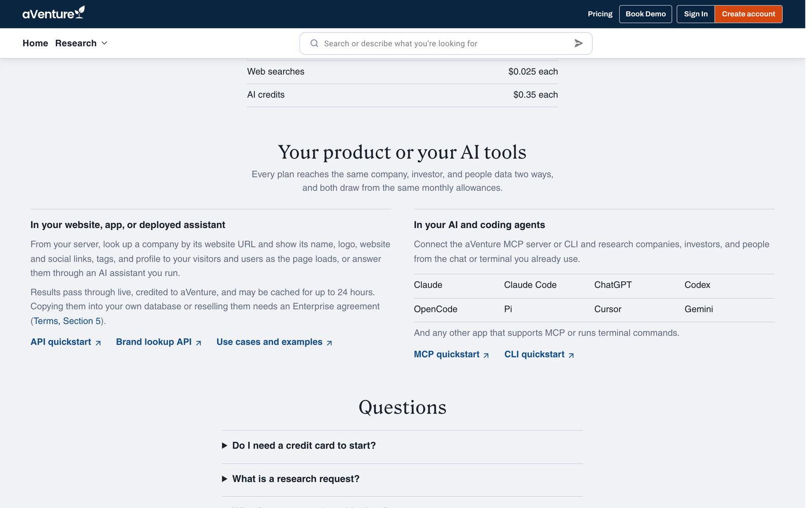 The Your product or your AI tools section of the aVenture pricing page, showing the two ways to use aVenture data: in your website, app, or assistant, and in your AI and coding agents