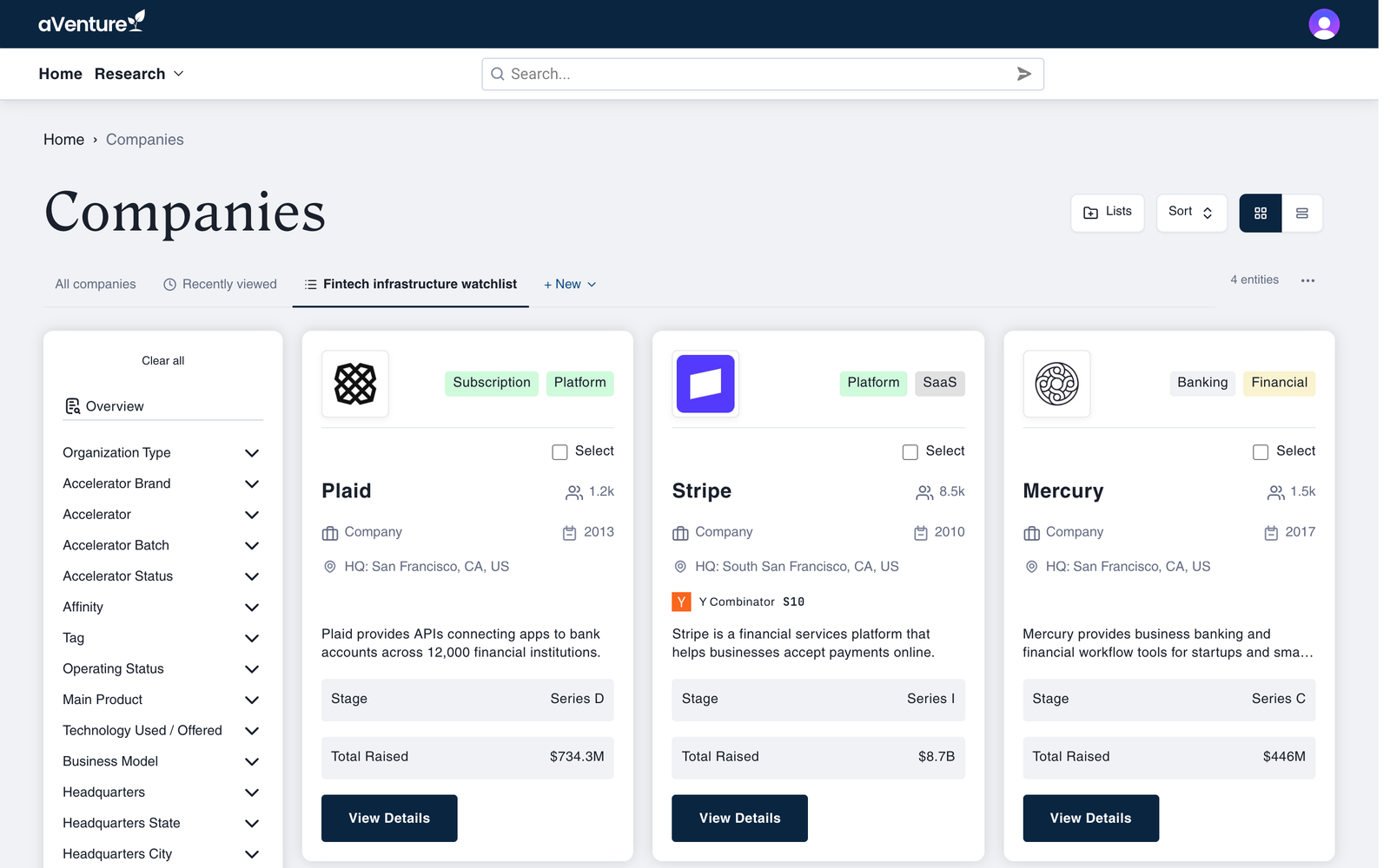 The aVenture companies directory with a Fintech infrastructure watchlist tab open beside All companies, Recently viewed, and + New, showing Plaid, Stripe, and Mercury