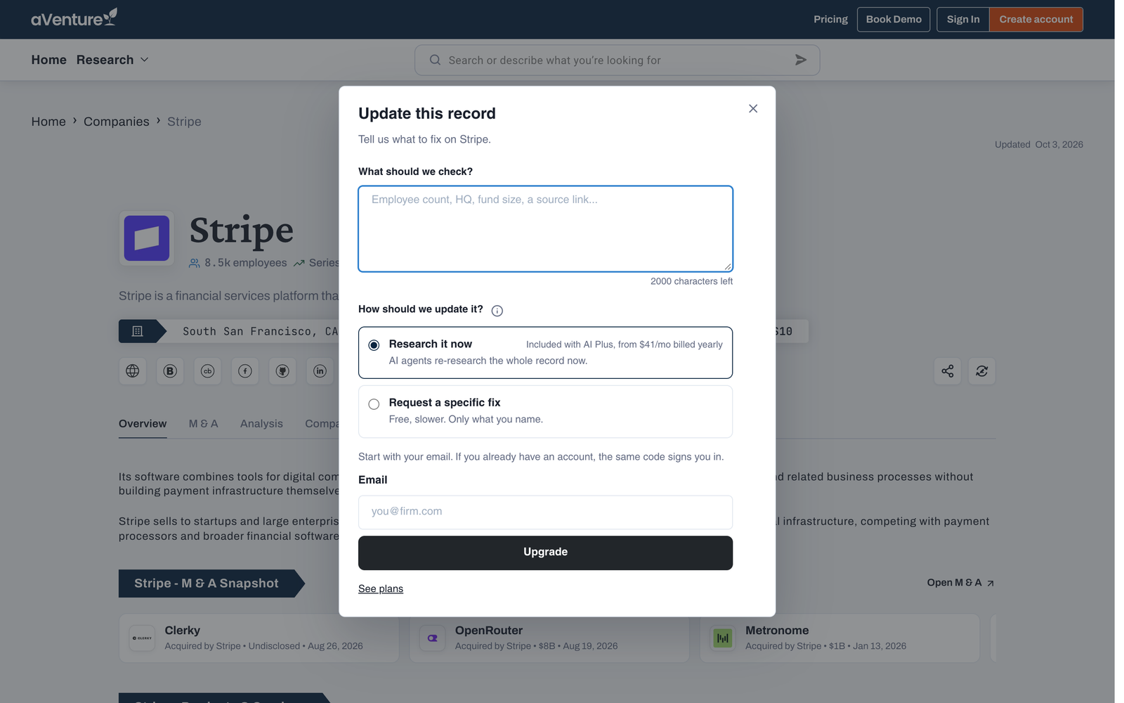 The Update this record sheet on Stripe's aVenture profile, with a field for what to check and two options: Research it now, included with AI Plus, and Request a specific fix, which is free