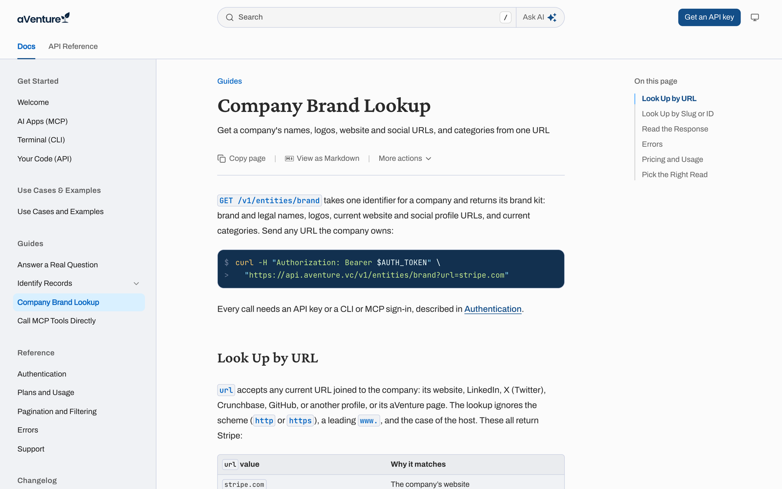 The Company Brand Lookup guide in the aVenture docs, showing GET /v1/entities/brand called with stripe.com