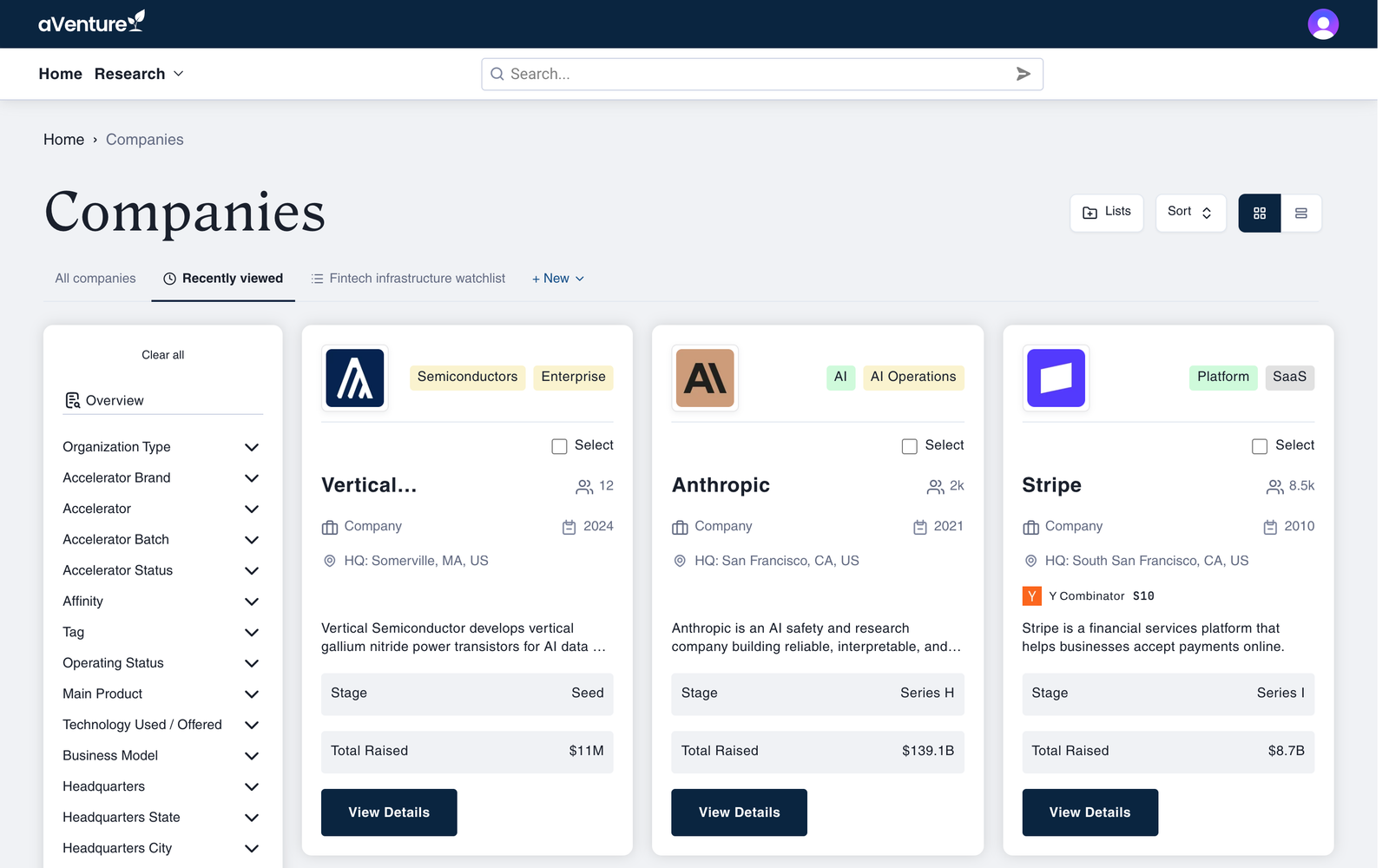The companies directory with the Recently viewed tab open, showing Vertical Semiconductor, Anthropic, and Stripe