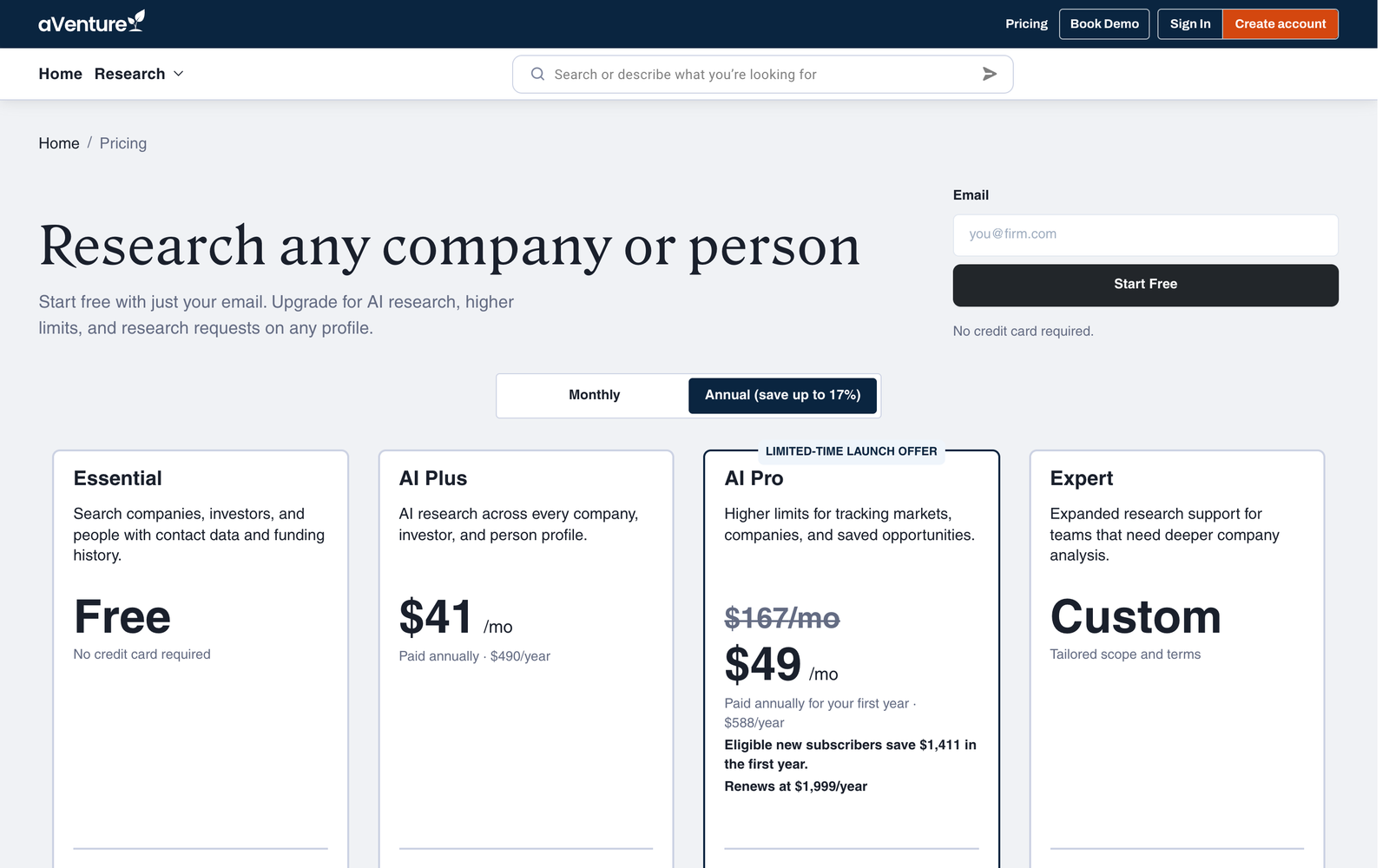 The aVenture pricing page: Research any company or person, an email field to start free, and the Essential, AI Plus, AI Pro, and Expert plans