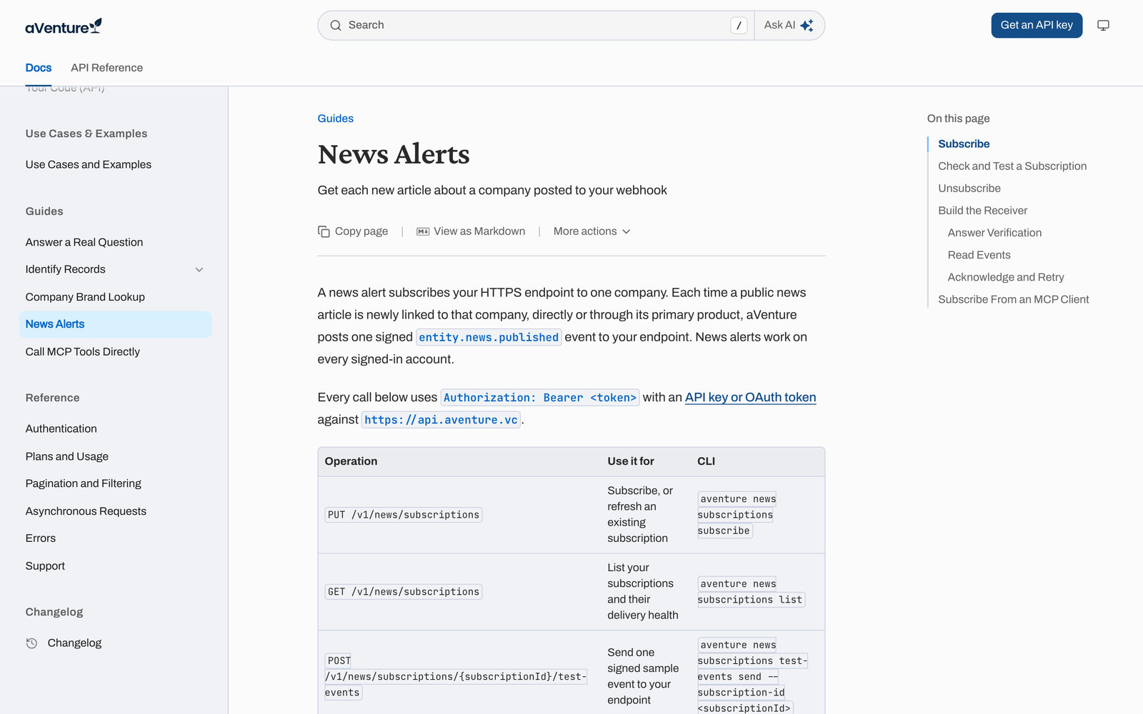 The News Alerts guide in the aVenture docs, with the subscribe, list, test-event, and unsubscribe operations and their CLI commands