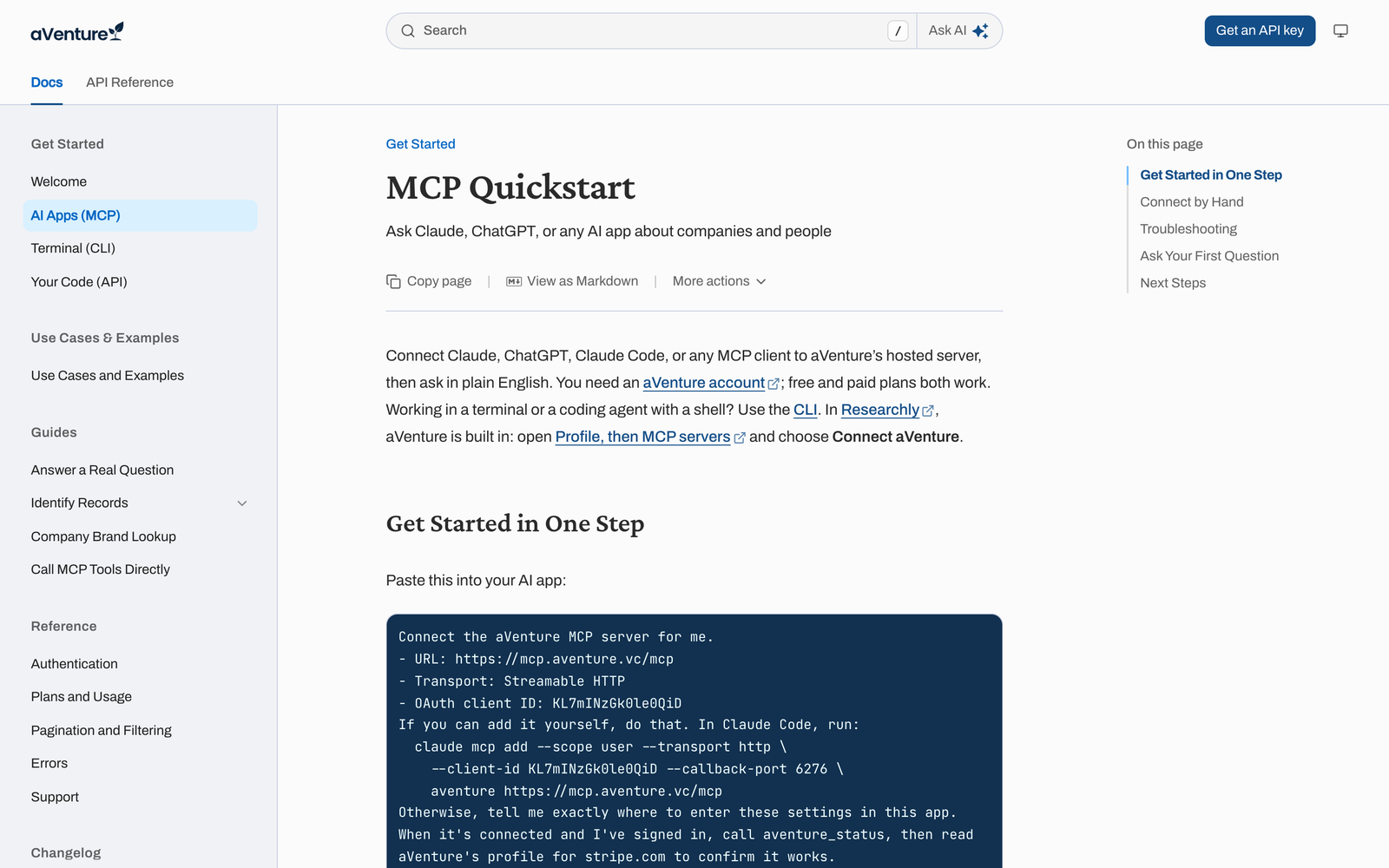 The MCP Quickstart in the aVenture docs, with a one-step setup prompt that connects an AI app to mcp.aventure.vc