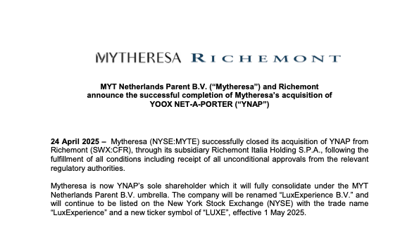 Mytheresa and Richemont announce the successful completion of Mytheresa’s acquisition of YOOX NET-A-PORTER