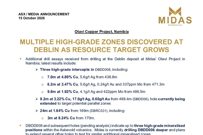 Multiple high-grade zones discovered at Deblin - Midas Minerals Ltd (ASX:MM1)