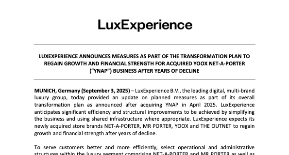 LuxExperience announces measures as part of the transformation plan to regain growth and financial strength for acquired YOOX Net-a-Porter (YNAP) business after years of decline