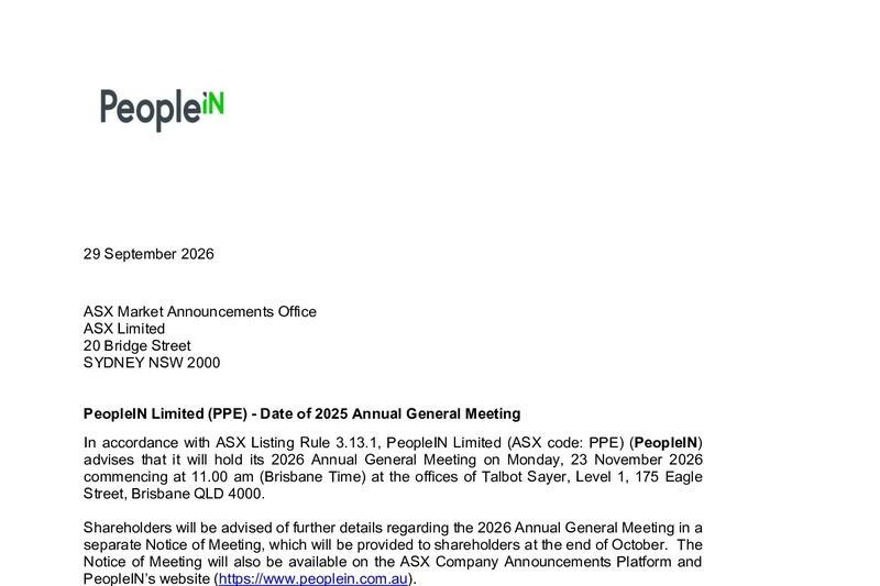 Date of 2026 Annual General Meeting - Peoplein Limited (ASX:PPE)