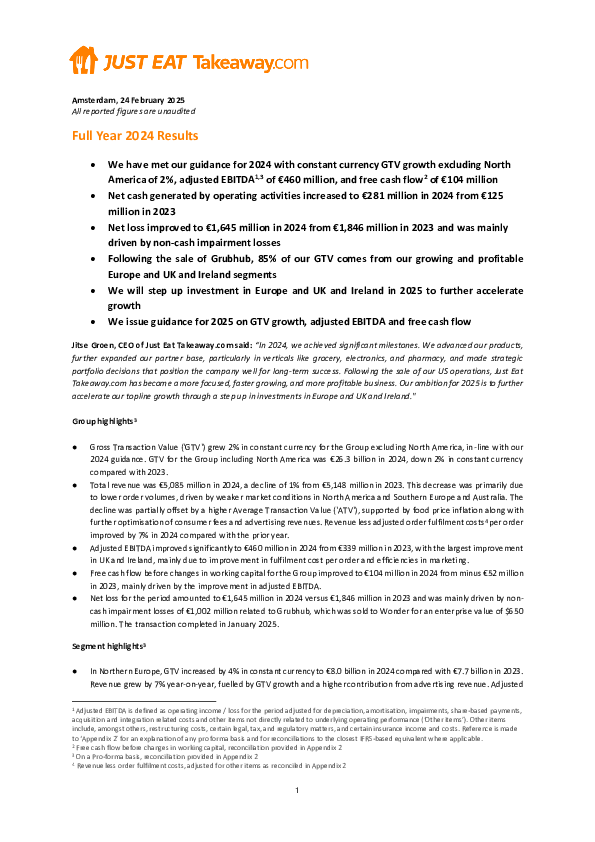 Just Eat Takeaway.com Full Year 2024 Results