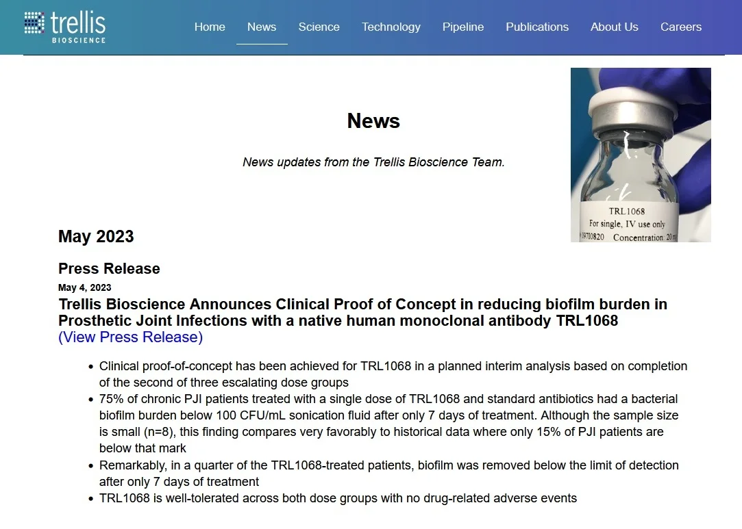Trellis Bioscience Raises $9 Million to Advance Phase 2 Trial of Biofilm-Targeting Therapy for Prosthetic Joint Infections
