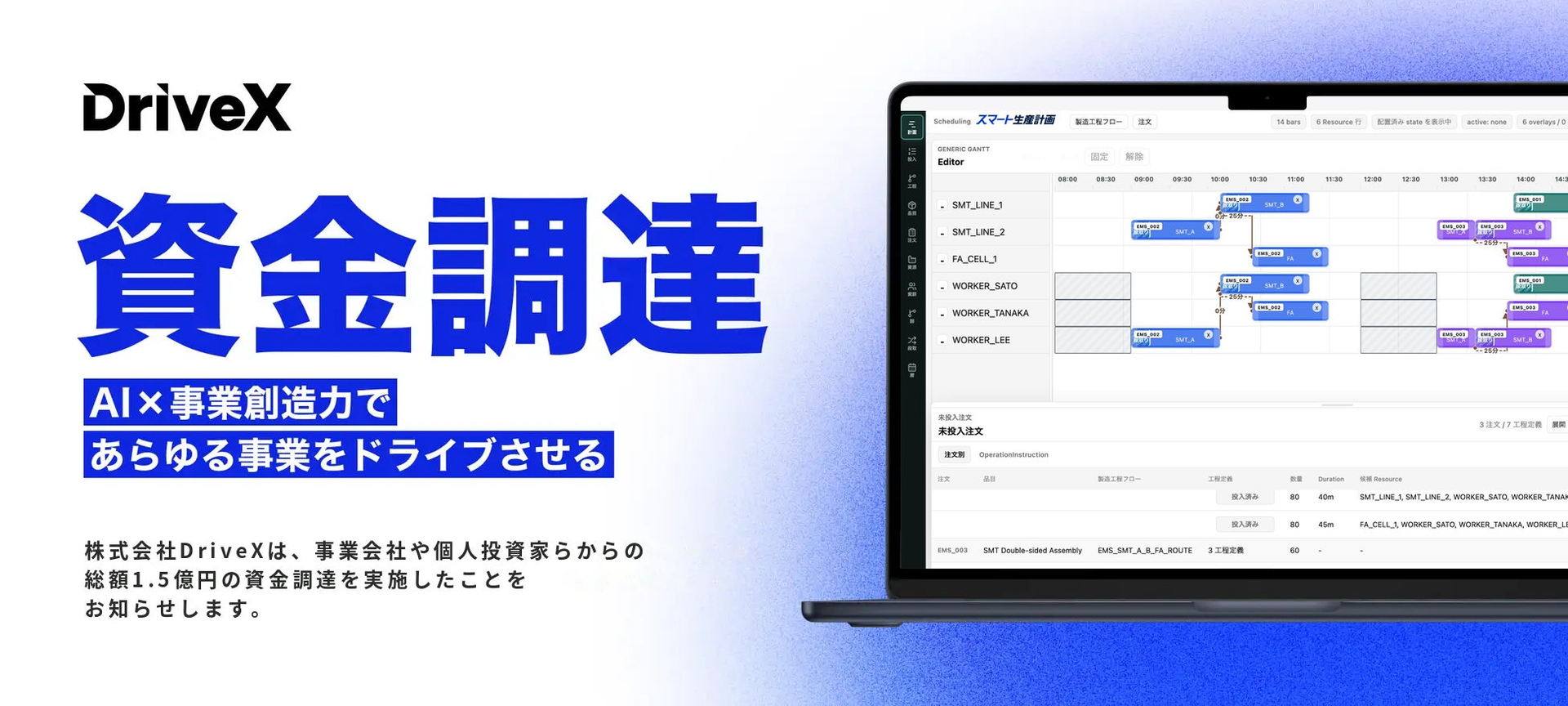 生産計画AI「スマート生産計画」を提供する株式会社DriveX、約1.5億円の資金調達を実施