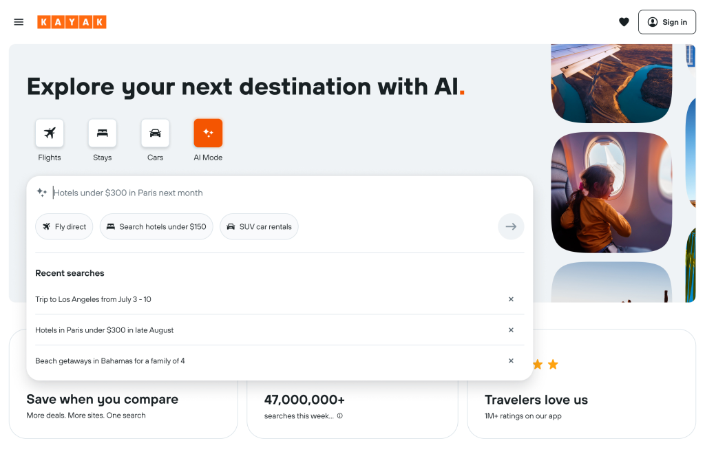 Kayak launches an 'AI Mode' for travel questions, search, and bookings
